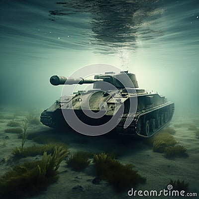 Rust in Peace: A Tank Left to Decay Underwater. Generative ai Stock Photo