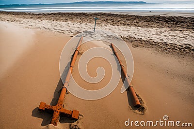 A rusted anchor half buried in a sandy beach Stock Photo