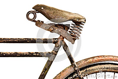 Rusted ancient bicycle with leather seat isolated on white Stock Photo