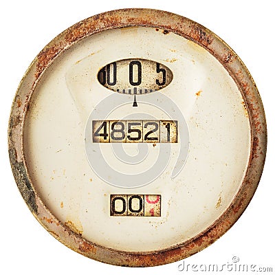 Rusted ancient speedometer isolated on white Stock Photo