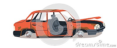 Rusted broken car junk. Abandoned damages ruined rusted auto. Rotting rusty automobile debris, garbage. Aged derelict Vector Illustration