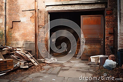 rusted and broken old garage with piles of debris, brick walls and metal doors Stock Photo