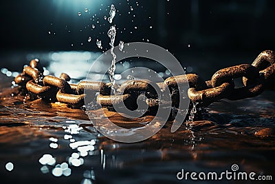 Rusted Chain of Danger: Abstract Metallic Symbol in Murky Waters Stock Photo