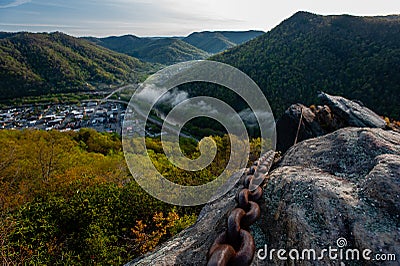 Rusted Chain Holding Chained Rock - Pine Mountain State Park - Kentucky Stock Photo