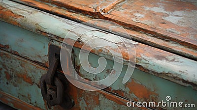 a rusted chest of drawers with a rusted handle on it's sides and a rusted door handle on the top of the chest Stock Photo