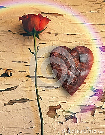 Rusted love heart and red rose Stock Photo