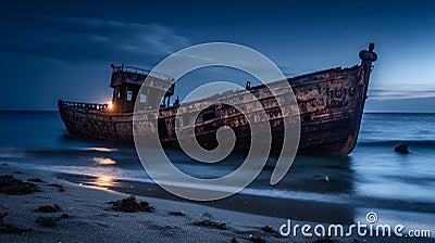 Rusted Memories: A Nostalgic Shipwreck at Blue Hour Stock Photo