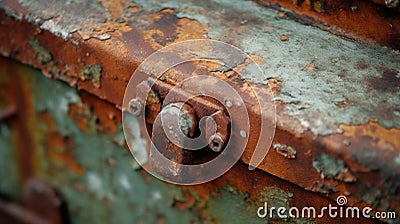 a rusted metal box with a latch on the front of it and a rusted metal handle on the back of it, with a rusted surface Stock Photo