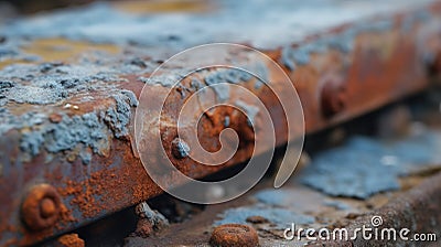 a rusted metal surface with small holes and rivets on the top and bottom of the rusted metal surface is blue and yellow Stock Photo