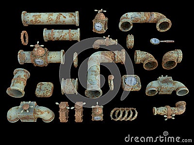 Junked plumbing pipes and equipment collection Stock Photo