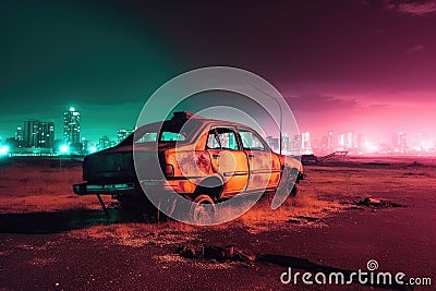 Rusted-out car abandoned on a deserted highway, with a broken-down cityscape visible in the distance, neon colors Stock Photo