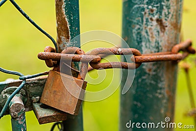 Rusted padlock and chain. Closed gate to the garden. Metal constructions. Stock Photo