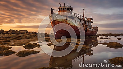 A rusted shipwreck ship on the seashore Stock Photo
