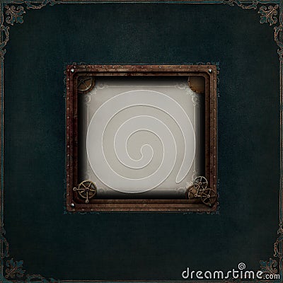 Rusted steampunk frame with gears, cogs and ornate borders Stock Photo