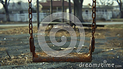 A rusted swing creaks back and forth in an abandoned playground driven by an unseen force as childrens laughter echoes Stock Photo