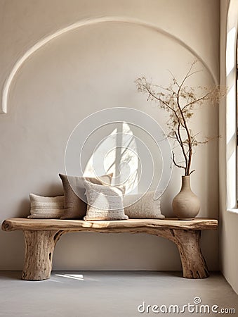 Rustic aged wood log bench near beige stucco wall. Boho interior design of modern living room with arched window Stock Photo