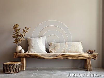 Rustic aged wood log bench near stucco empty wall with copy space. Boho interior design of modern living room Stock Photo