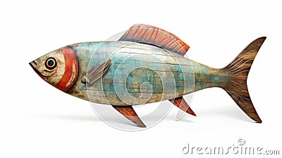 Rustic Americana Wooden Fish Decoration With Distinctive Orange And Blue Pattern Stock Photo