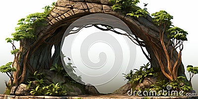 Rustic arch with tree branches and isolated design on white background Stock Photo