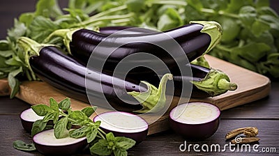A Rustic Arrangement of Fresh Eggplants and Herbs on a Wooden Tabletop. Generative AI Stock Photo