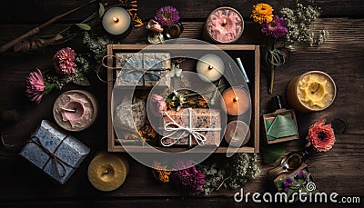 Rustic arrangement, homemade candle, relaxation and aromatherapy generated by AI Stock Photo