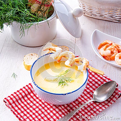 Rustic asparagus soup with shrimp skew and diel Stock Photo