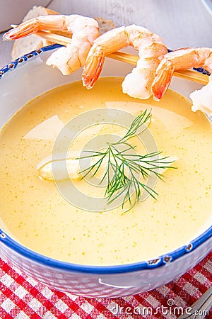 Rustic asparagus soup with shrimp skew and diel Stock Photo