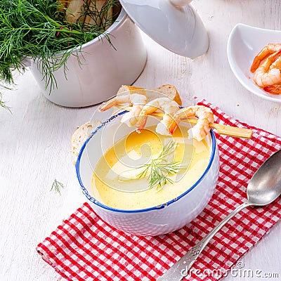 Rustic asparagus soup with shrimp skew and diel Stock Photo