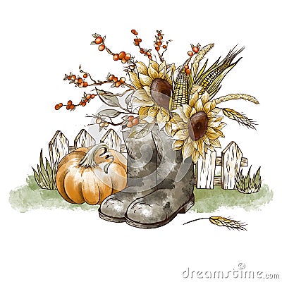Rustic autumn farm floral illustration. Vintage fall sunflowers, pumpkin greeting card. Thanksgiving harvest Cartoon Illustration