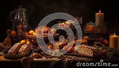 A rustic autumn still life bread, pumpkin, fruit, candle, table generated by AI Stock Photo