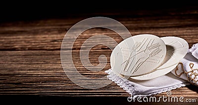 rustic banner with Hosties or Sacramental Bread Stock Photo