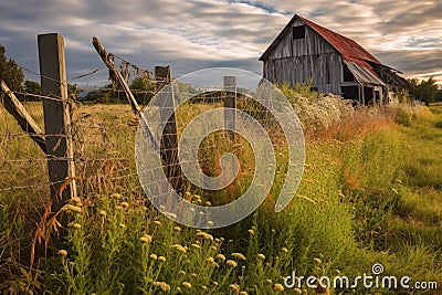 rustic barn with a broken fence and overgrown grass Stock Photo