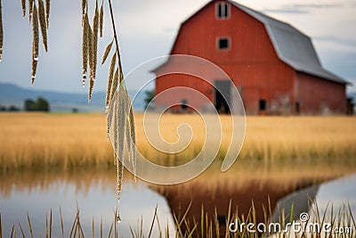 a rustic barn reflected in a raindrop hanging from a wheat stalk Stock Photo