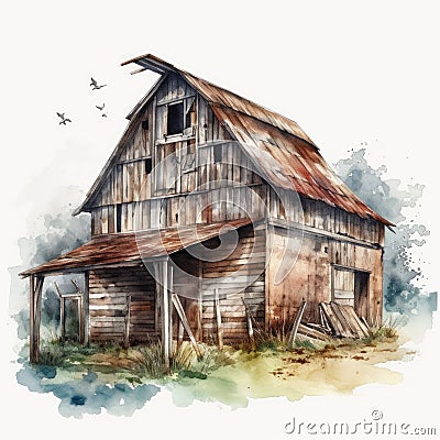 Rustic Barn Watercolor Clipart on Clean White Background for Invitations and Posters. Stock Photo