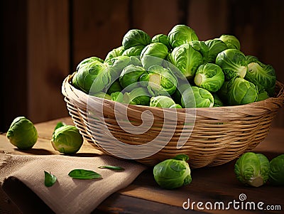 rustic basket with fresh brussels sprouts on wooden table Stock Photo