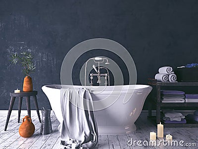 Rustic Bathroom With Old Wooden Stool Stock Photo