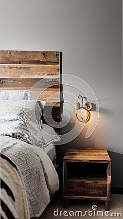 A rustic bedroom with a bed, a nightstand, and a lamp illustration Artificial Intelligence artwork generated Cartoon Illustration