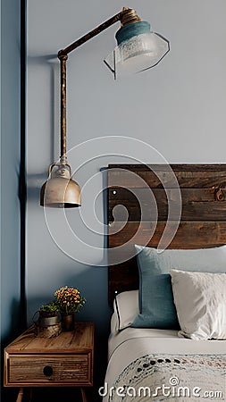A rustic bedroom with a bed, a nightstand, and a lamp illustration Artificial Intelligence artwork generated Cartoon Illustration