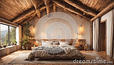 A rustic bedroom with neon lights enhancing wooden Stock Photo