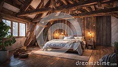 A rustic bedroom with neon lights enhancing wooden Stock Photo