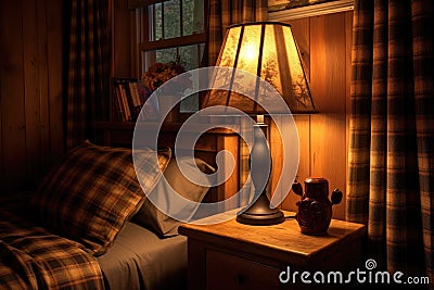 rustic bedside lamp in a cozy cabin setting Stock Photo