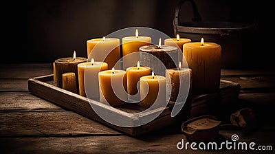 Rustic Beeswax Candles on Wooden Servi Stock Photo