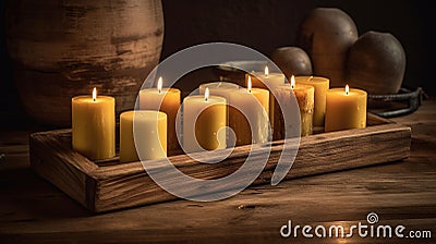 Rustic Beeswax Candles on Wooden Servi Stock Photo