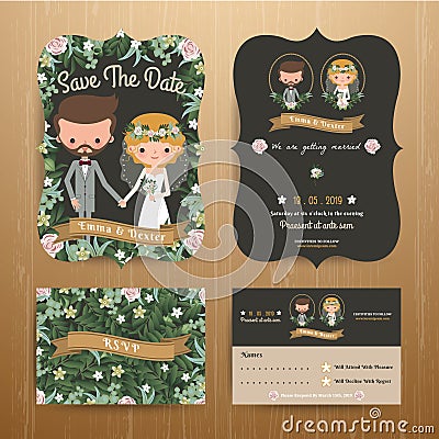 Rustic bohemian cartoon couple wedding card template set Vector Illustration