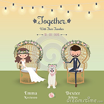 Rustic bohemian cartoon couple wedding invitation card with dog Vector Illustration