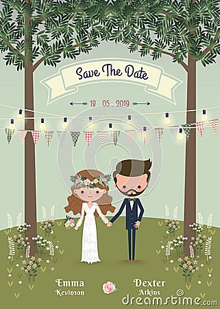 Rustic bohemian cartoon couple wedding invitation card in the forest Vector Illustration