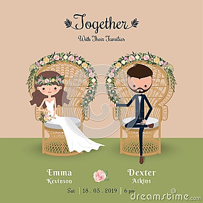 Rustic bohemian cartoon couple wedding invitation card Vector Illustration