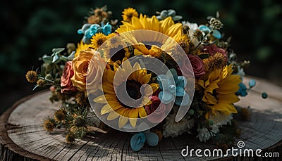 A rustic bouquet of multi colored sunflowers and gerbera daisies generated by AI Stock Photo