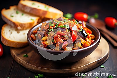 A rustic bowl of Italian caponata with crusty bread, mediterranean food life style Authentic Stock Photo