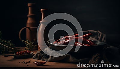 Rustic bowl of organic vegetable seasoning, burning flame generated by AI Stock Photo